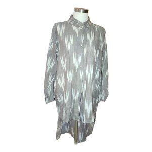 ZhenNymph Shirt Gray & White Ikat Pattern Button-Down High Low Size L jj3649